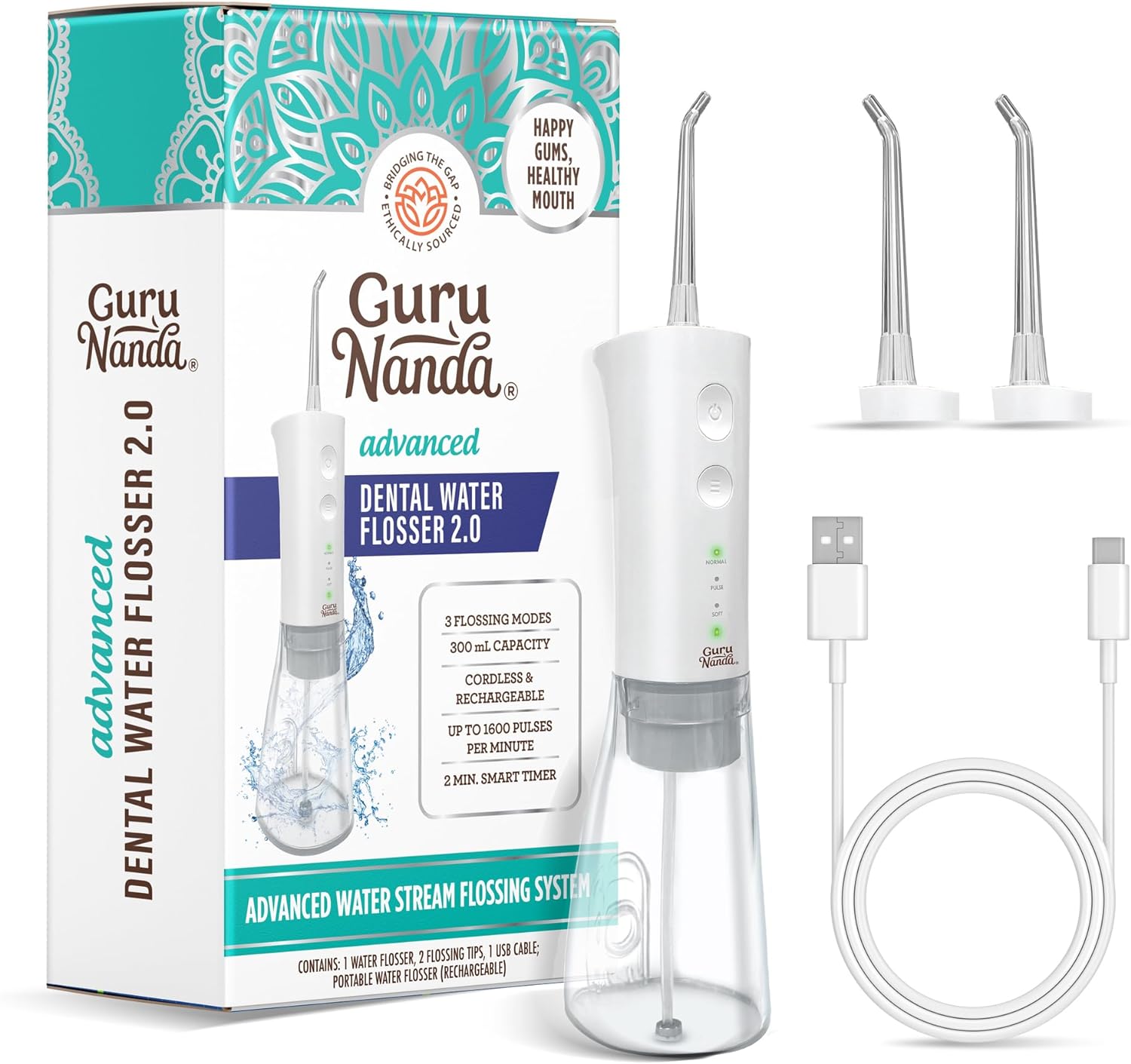 Gurunanda Advanced Dental Water Flosser 2.0 - Cordless & Portable - 300 ml Water Tank, 3 Modes, Rech