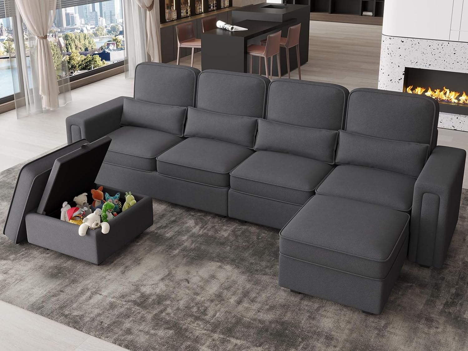 Hasuit Sectional Sofa with Storage Seats, Convertible 6 Seats U Shaped Sofa Couch with Reversible Ch